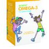 Schachtel BIOBENE OMEGA-3 KAUKPS mit Orangengeschmack und Comicfiguren auf weißem und orangefarbenem Hintergrund. Text ist auf Deutsch.
