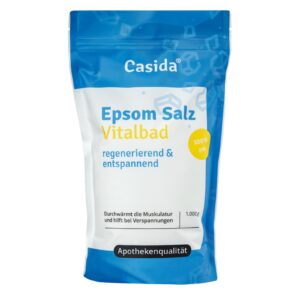 Die auf Deutsch beschriftete Casida EPSOM SALZ VITALBAD-Packung verspricht mit 1000g 100% reinem Inhalt Regeneration und Entspannung.