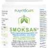 Eine 22g große, weiße Flasche des Nahrungsergänzungsmittels PLANTOCAPS SMOKSAN+ KPS enthält 60 Kapseln mit Pflanzenstoffen und Biotin. Zutaten und Nährwertangaben finden Sie auf dem Etikett.