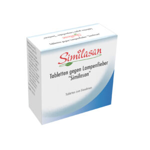 Schachtel „SIMILASAN LAMPENFIEB TBL.“ Weiße Verpackung mit rotem und grünem Text oben, blaue Akzente an der Seite.