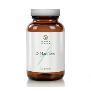 Ein braunes Glas mit der Aufschrift „D-MANNOSE PLV SHA, 100 g Pulver“ und einem weiß-grünen Design.