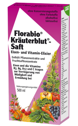Das Bild zeigt eine KRAEUTER BLUT-SFT FLORABIO Saftpackung mit Kräuter- und Fruchtmotiven. Sie enthält Eisen, Vitamin B2, B6, B12 und C und ist frei von Konservierungsstoffen, Farbstoffen, Alkohol und Laktose.