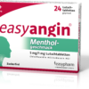 Die Schachtel EASYANGIN LTBL 5/1MG zuckerfreie Menthol-Lutschtabletten, geeignet für Kinder ab 6 Jahren, enthält 24 Einheiten.
