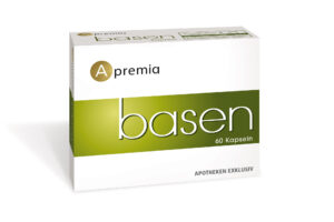 Schachtel „APREMIA BASEN KPS“ mit 60 Kapseln, grün-weiß gestaltet, mit der Aufschrift „APOTHEKEN EXKLUSIV“.