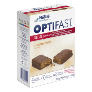 Die OPTIFAST RIEGEL CAPPUCCINO-Riegel von Nestlé, 232 kcal pro Riegel, sind auf der Verpackung mit einem Riegelbild und Nährwertangaben versehen.