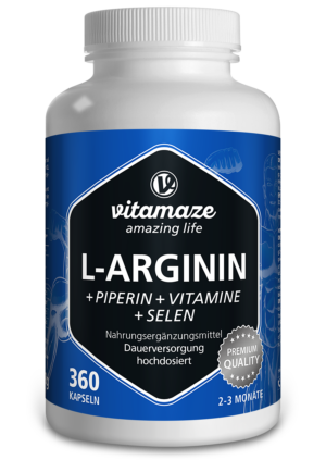 Eine Flasche L-ARGININ KPS 750MG +PIPERIN enthält 360 Kapseln, angereichert mit Vitaminen und Selen und bietet somit Premiumqualität und eine langfristige Versorgung.
