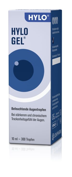 HYLO-GEL AU-TR Augentropfen, 10 ml, zur Linderung von Trockenheit, mit blauer Augengrafik und deutschem Text auf der Verpackung.