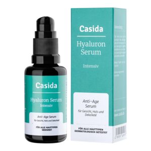 Eine Flasche HYALURON SER INTENSIV mit Schachtel, gekennzeichnet als Anti-Aging-Serum für Gesicht, Hals und Dekolleté.