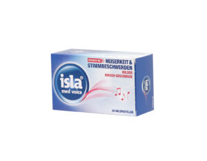 Eine Packung ISLA MED KIRSCHE PAS Halspastillen mit Kirschgeschmack zur Linderung bei Heiserkeit und Stimmbeschwerden mit 50 Pastillen.