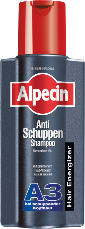 Flasche SH.ALPECIN ENERG.AKTIV A1 mit rotem Verschluss und „Hair Energizer“-Aufschrift, mit 1% Fumarsäure zur Antischuppenpflege.
