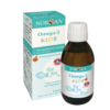 Flasche und Verpackung von NORSAN OMEGA 3 OEL KIDS sind mit Fischabbildungen versehen, geben den Orangengeschmack an und haben ein Volumen von 150 ml.