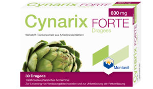 Die Verpackung von CYNARIX DRG FTE zeigt ein Artischockenbild und enthält 600 mg Extrakt, was darauf hinweist, dass es die Verdauung und den Fettstoffwechsel unterstützt.