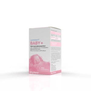 Eine Schachtel „LACTOBACT PLV HLH BABY“ von HLH BioPharma mit einem Babybild. Die Verpackung ist überwiegend weiß mit rosa Akzenten, was darauf hinweist, dass sie 60 Gramm Pulver enthält.