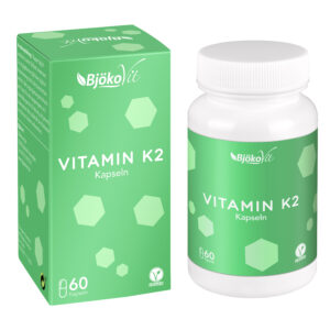Das Nahrungsergänzungsmittel VIT K2 MK-7 KPS ALL TRANS wird in einer Flasche und Schachtel mit einem grünen Sechseck-Design geliefert, ist als vegan gekennzeichnet und enthält 60 Kapseln.