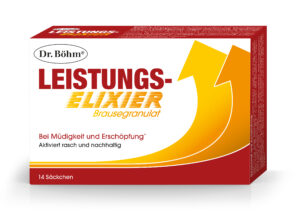 Schachtel DR.BÖHM LEIST.ELIX BRGRAN mit 14 Beuteln, fetter roter und gelber Text, konzipiert für Müdigkeit und Erschöpfung, mit weißen Pfeilen im Hintergrund.