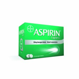 Grüne Schachtel ASPIRIN EXPRESS TBL 500MG von Bayer, enthält 40 überzogene Tabletten mit dem Wirkstoff Acetylsalicylsäure.
