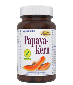 Eine Flasche veganer PAPYAKERN KPS-Kapseln zeigt Papaya-Bilder auf dem Etikett mit einem grünen Siegel.