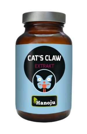 Eine braune Flasche mit der Aufschrift „CATS CLAW KPS 400MG HANOJU“ und dem Bild einer Kralle im Cartoon-Stil.
