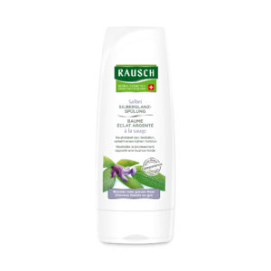 Flasche RAUSCH HN SALBEI GLANZ SPUEL, ein mit Salbei angereicherter Conditioner für blondes und graues Haar, mit einem grünen Pflanzenbild und einem Schweizer Wappen.