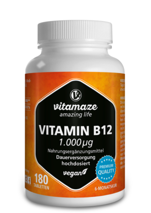 Eine Flasche VIT B12 TBL 1000MCG VEGAN-Nahrungsergänzungsmittel mit 180 Tabletten mit je 1000 μg, gekennzeichnet als Premiumqualität.