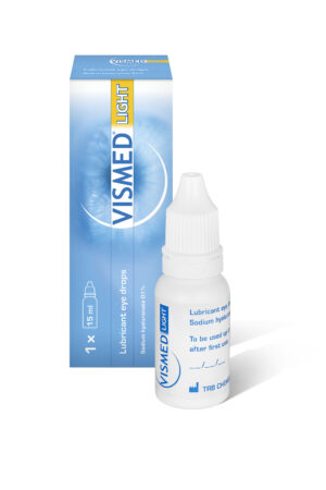 Schachtel und Flasche VISMED LIGHT befeuchtende Augentropfen, 15 ml, mit Natriumhyaluronat 0,1 %.