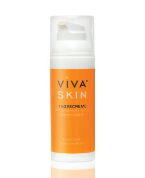 Orange-weiße Flasche VIVA SKIN TCR SPF 20 Tagescreme, parfümfrei mit UV-Schutz SPF 20, mit Pumpspender.