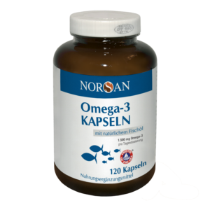 Eine Flasche NORSAN OMEGA 3 KPS mit natürlichem Fischöl enthält 120 Kapseln und liefert 1500 mg Omega-3 pro Tagesdosis.