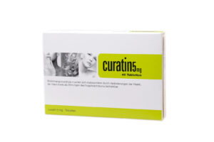 Eine Schachtel mit 40 Stück „CURATIN TBL 5MG“-Tabletten zeigt auf der Verpackung Bilder von Haaren und Nägeln sowie Produktinformationen in deutscher Sprache.