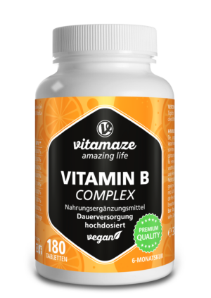 Eine Flasche VIT B COMPL TBL VEGAN enthält 180 hochdosierte Tabletten in Premiumqualität und bietet somit eine sechsmonatige vegane Versorgung.