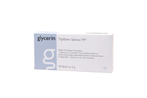 Eine rechteckige Schachtel „GLYCERIN SUPP SANOVA MP 2G“ Zäpfchen, mit 10 Stück, zur Linderung von Verstopfung, mit deutschem Text auf der Verpackung.