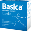 Die BASICA ABS ORIG DIREKT STICK Box ist mit weißem Text und einer schlichten Strichzeichnung eines Menschen gestaltet. Sie enthält basische Microperlen mit Zitronengeschmack für die innere Balance, ist laktosefrei und vegan.