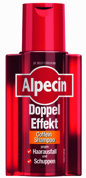 Rote Flasche SH.ALPECIN ENERG.DOPPEL EFF, ein Koffein-Shampoo gegen Haarausfall und Schuppenvorbeugung.