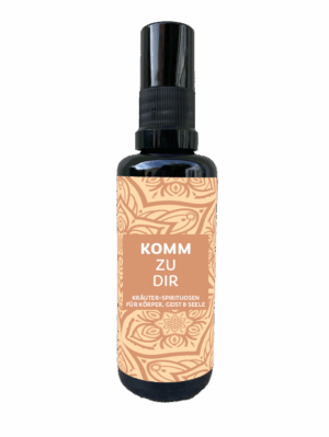 Eine braune Sprühflasche von BURKHARDT KOMM TRAU DICH SPRAY mit einem dekorativen Etikett mit der Aufschrift "Komm zu dir" und "Kräuter Spirituosen für Körper, Geist & Seele" ist auf einem schlichten Hintergrund abgebildet.