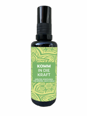 Eine dunkle Sprühflasche mit der Aufschrift "BURKHARDT KOMM TRAU DICH SPRAY" mit grünen Akzenten, dekorativen Mustern und der Beschreibung als Kräutergeist für Körper, Geist und Seele.
