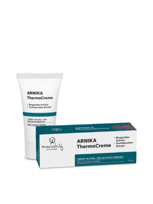 Eine Tube und eine Schachtel UNI ARNIKA CREME FORTE NEU sind aufrecht abgebildet. Die Verpackung hebt den Arnikaextrakt zur Linderung von Muskel und Gelenkschmerzen hervor.
