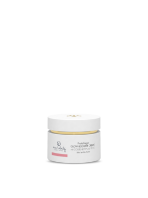 Ein weißer Tiegel UNI PRO GLOW BOOSTER CREME mit Collagen Komplex und Vitamin C, dargestellt vor einem schlichten hellen Hintergrund.