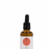 Bernsteinfarbene Tropfflasche mit einem Etikett mit einem großen orangefarbenen Punkt und der Aufschrift FEEL HEALTHY auf der Vorderseite, die aufrecht vor einem schlichten weißen Hintergrund steht.