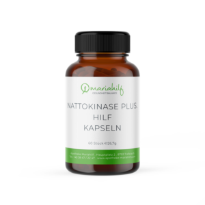 Auf weißem Hintergrund ist eine braune Flasche mit schwarzem Verschluss und der Aufschrift „NATTOKINASE. HILF KAPSELN“ abgebildet, die 60 Kapseln enthält.