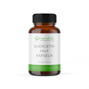 Eine Flasche mit der Aufschrift „QUERCETIN. HILF KAPSELN“ enthält 60 Kapseln, auf der Unterseite finden sich Kontakt- und Website-Informationen.