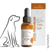 Flasche und Schachtel „CBD ANNABLUME DOG 5%“ Öl mit Pipette und Hundeillustration, mit Verpackungstext in deutscher Sprache.