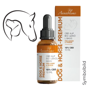 Eine 10-ml-Flasche CBD ANNABLUME DOG+HORSE 10 % verfügt sowohl auf der Schachtel als auch auf der Flasche über ein Pferde- und ein Hundelogo.