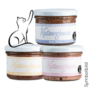Drei Gläser Katzenfutter „KJ LACHS 1280“ in verschiedenen Geschmacksrichtungen, links mit einer Katzenillustration und rechts unten mit dem Hinweis „Symbolbild“.