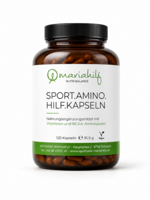Eine braune Flasche mit der Aufschrift „SPORT.AMINO.HILF KPS“, die 120 Kapseln enthält; ein Nahrungsergänzungsmittel mit Vitaminen und BCAA Aminosäuren.