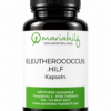 Eine schwarze Flasche mit der Aufschrift „MH ELEUTEROCOCCUS.HILF“ von der Apotheke Mariahilf, auf deren Etikett die Kontaktdaten und die Website angegeben sind.