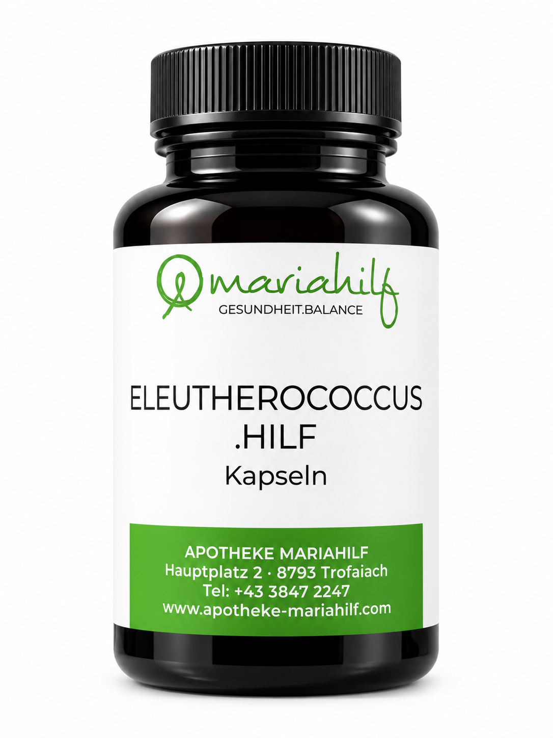 Eine schwarze Flasche mit der Aufschrift „MH ELEUTEROCOCCUS.HILF“ von der Apotheke Mariahilf, auf deren Etikett die Kontaktdaten und die Website angegeben sind.