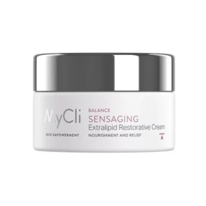 Ein weißer Tiegel mit MC SENSAGING CREME LIPID mit silbernem Deckel und minimalistischer Beschriftung.