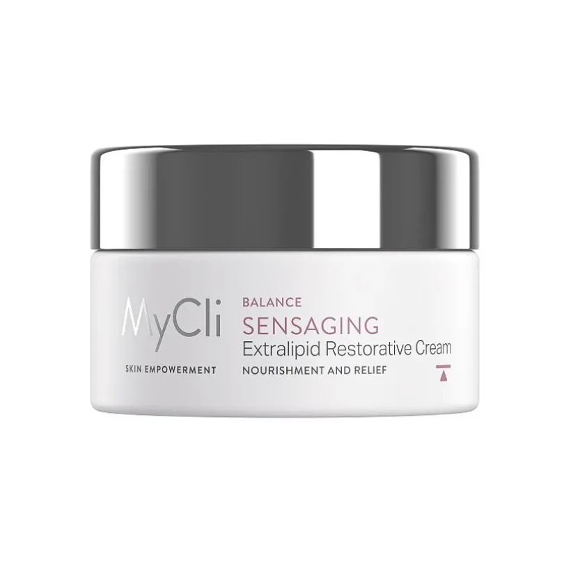 Ein weißer Tiegel mit MC SENSAGING CREME LIPID mit silbernem Deckel und minimalistischer Beschriftung.