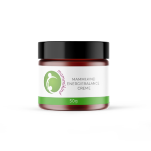 Ein Tiegel Mammi.Kind EnergieBalance Creme mit schwarzem Deckel und 50g-Etikett, mit grünem Logo und rotem Text auf weißem Hintergrund.