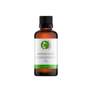 Eine 30ml braune Flasche MAMMI.KIND FUSSMASSAGE ÖL hat einen schwarzen Verschluss und ein grünes Etikett.