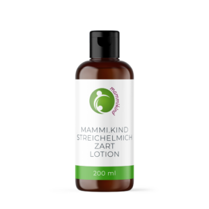 Eine 200-ml-Flasche mit braunem Deckel und schwarzem Verschluss trägt den Aufdruck „MAMMI.KIND STREICHELMICH ZART LOTION“ und ist mit einem grün-violetten Logo versehen.